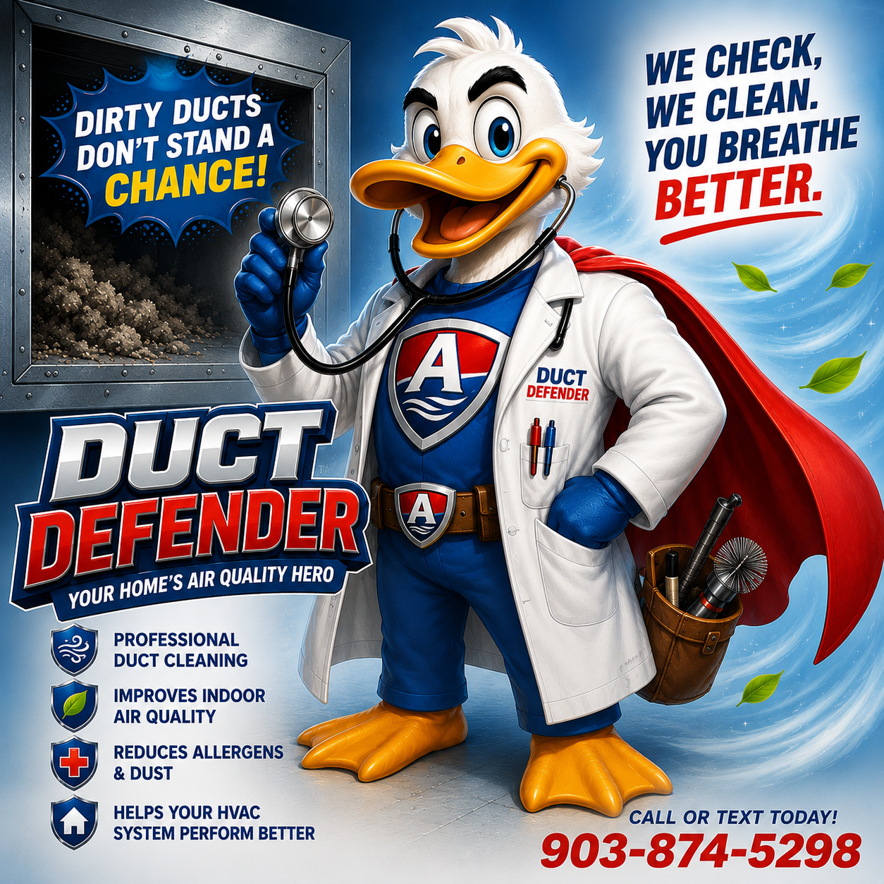 Duct Defender mascot - quoting the science behind clean indoor air